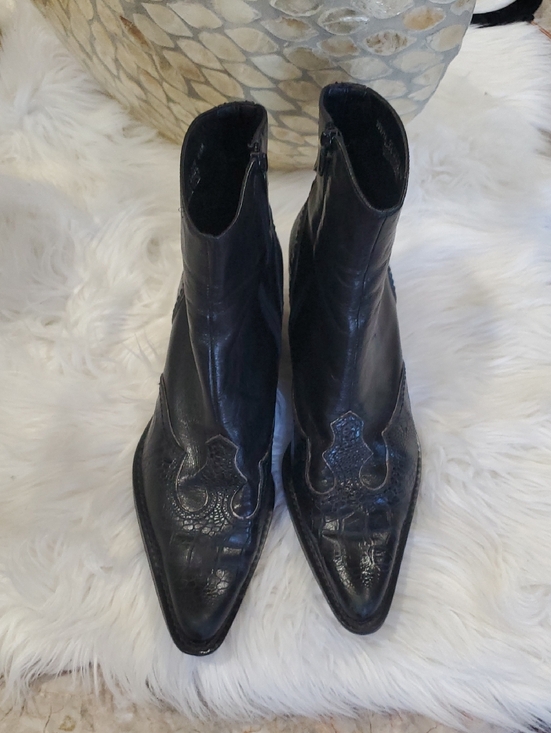 Franco Sarto Shoes - Franco Sarto Black Pointed Leather Ankle Booties with Embossed Toe